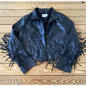 Jessica Simpson Fringed Faux Leather Jacket Size Large Women’s Black Button Up